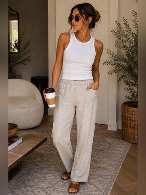 Quince 100% Linen Pull-On Pants Natural Oatmeal Wide Leg Pockets Size L